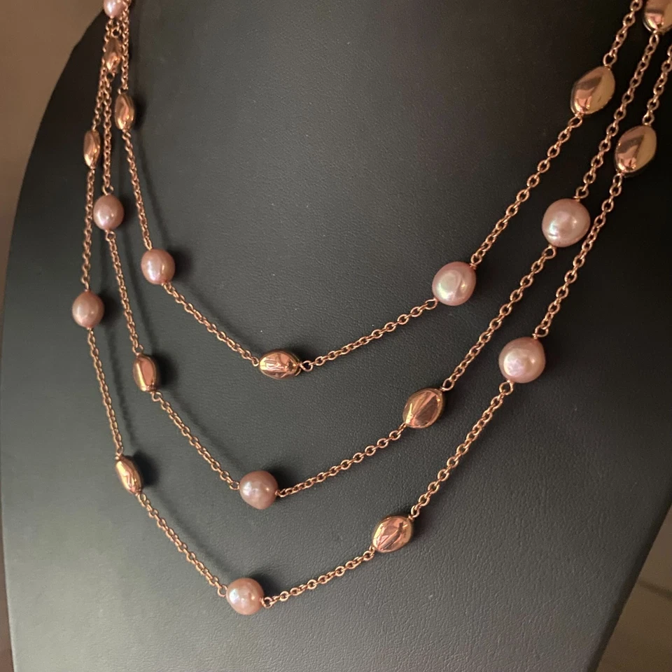 Honora Italia Rosa Perla Cultivada Broze 3 Hilos Cadena Estación Collar 18" Foto 2 de 4