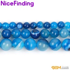 Natural Round Blue Smooth Sardonyx Agate Banded Beads For Jewelry Making 15''