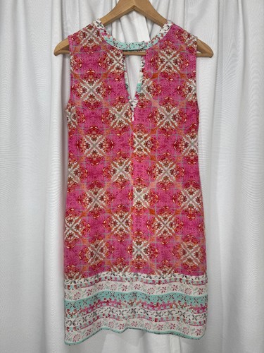Kachel Pink Floral Print Silk Shift Dress 8 Keyhole Sleeveless Boho Bohemian - Picture 2 of 16