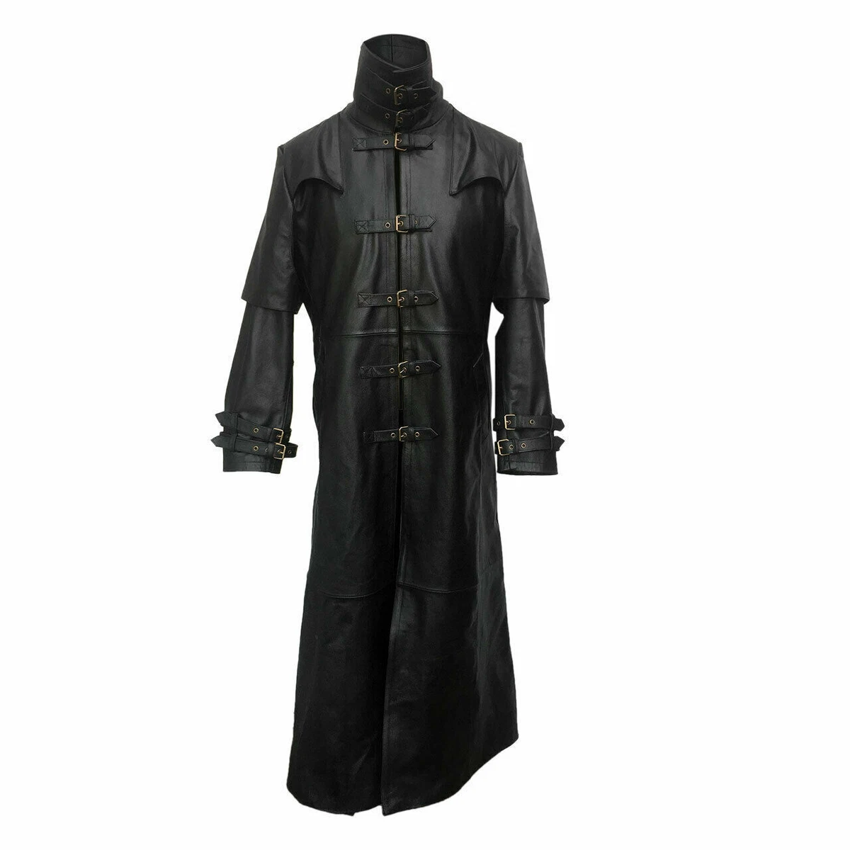 Men s Black Genuine Leather Steampunk Trench Coat Gothic eBay