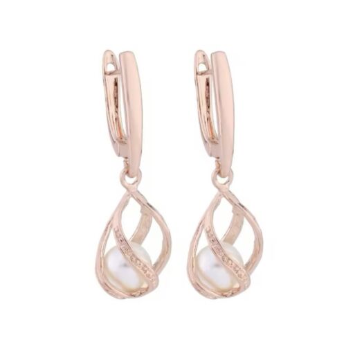 9ct Chapado Oro Rosa Perla Blanca Giro Jaula Pendientes Largos Caja Gratis - Imagen 2 de 9
