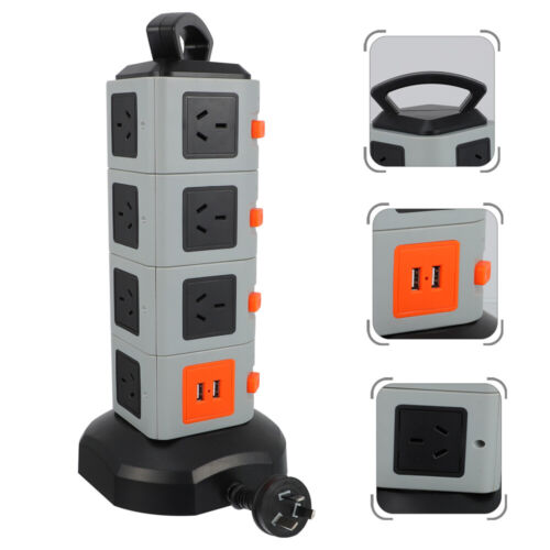 Tower Power Strip Surge Protector 7/15 Way Outlets 2 USB Chargers Power Board - Picture 2 of 14