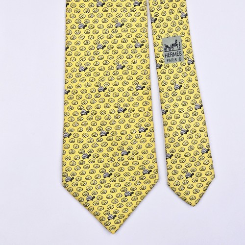 HERMES TIE 7896 MA Turtle & Lettuce on Yellow Silk Necktie