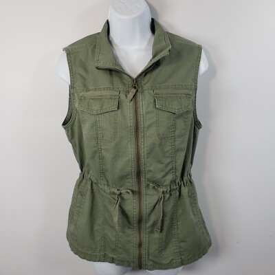Merona Full Zip Utility Vest Olive S Small Flap Pockets Synch-waist Tie String R