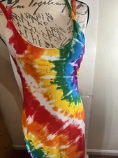 rainbow tie dye maxi Sundress With Lining Cross Cross Back Straps Side Splits  L
