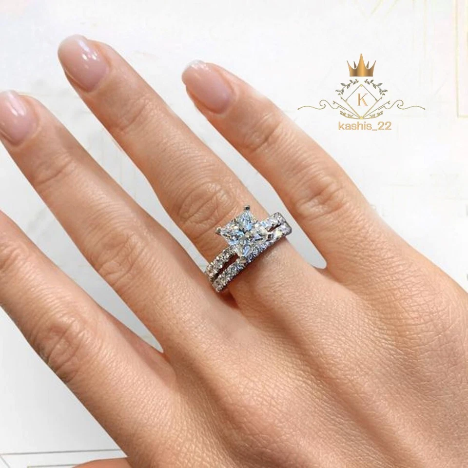 Conjunto de anillo de compromiso nupcial moissanita corte princesa de 2,50 quilates oro blanco sólido de 14 quilates Foto 4 de 4