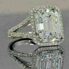 5.20 TCW Emerald Cut Halo Moissanite Engagement Ring 14k White Gold Plated Ring