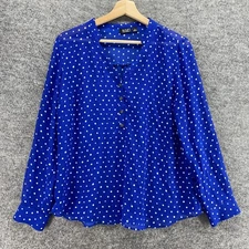 A New Approach Blouse Women PL Petite Blue Polka Dot 1/2 Button V-Neck Casual