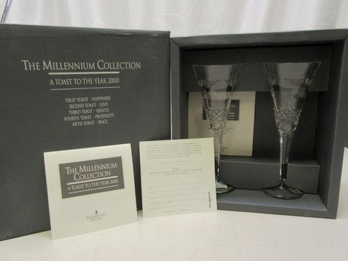 New in Box 2 WATERFORD CRYSTAL Millennium Peace Champagne Toasting Flutes