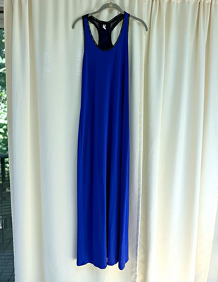 Fabletics Blue & Black Solid Maxi Dress Sleeveless Scoop Neck Pullover Size M