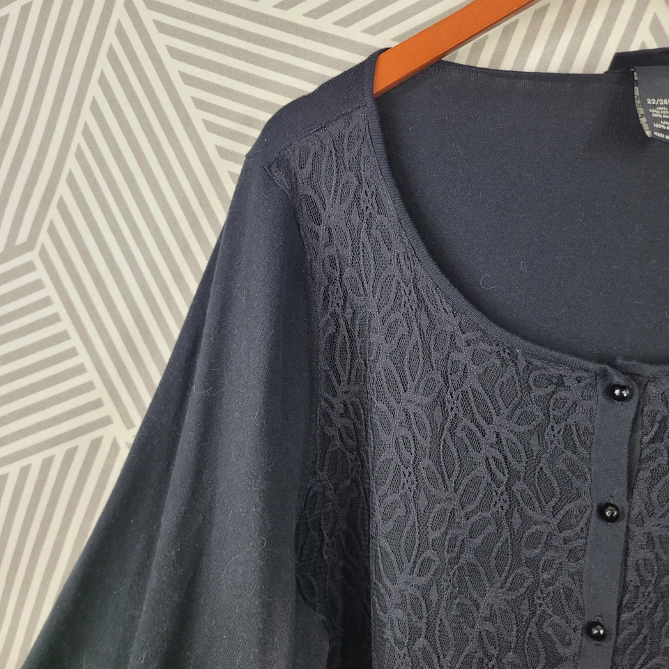Cárdigan Suéter Lane Bryant Plus 22/24W 3X Negro Algodón Abotonado En Capas Encaje Foto 3 de 4