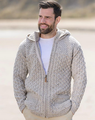 Aran Crafts Ireland Merino Wool Hooded Cardigan Mens XL Oatmeal Cable Knit Zip