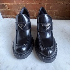 PRADA Black Leather Block Heel Pumps Logo Accent Slip On Round Toe Women's 41.5