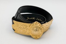 Vintage 1980s Judith Leiber Wide Etruscan Adjustable GREY Belt with Gold Buckle
