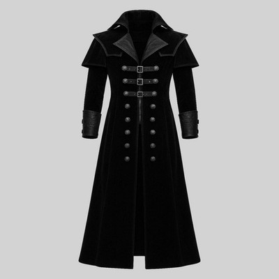 Men Gothic Steampunk Black Velvet Trench Coat Long Jacket