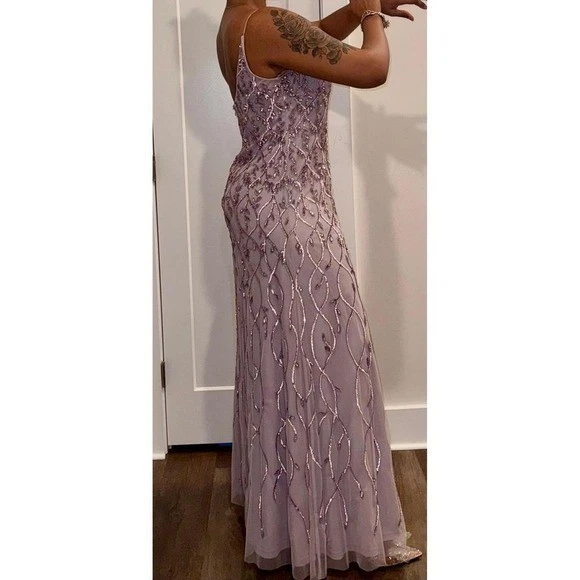 Vestido Adrianna Papell Platino Adornado Cuentas Lavanda Formal Noche Talla 14 Foto 3 de 4