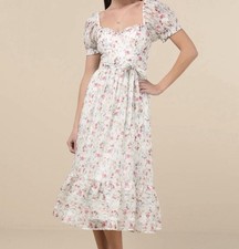 Lulus Galiena NWT size Small Ivory Floral Tiered Puff Sleeve Midi Dress