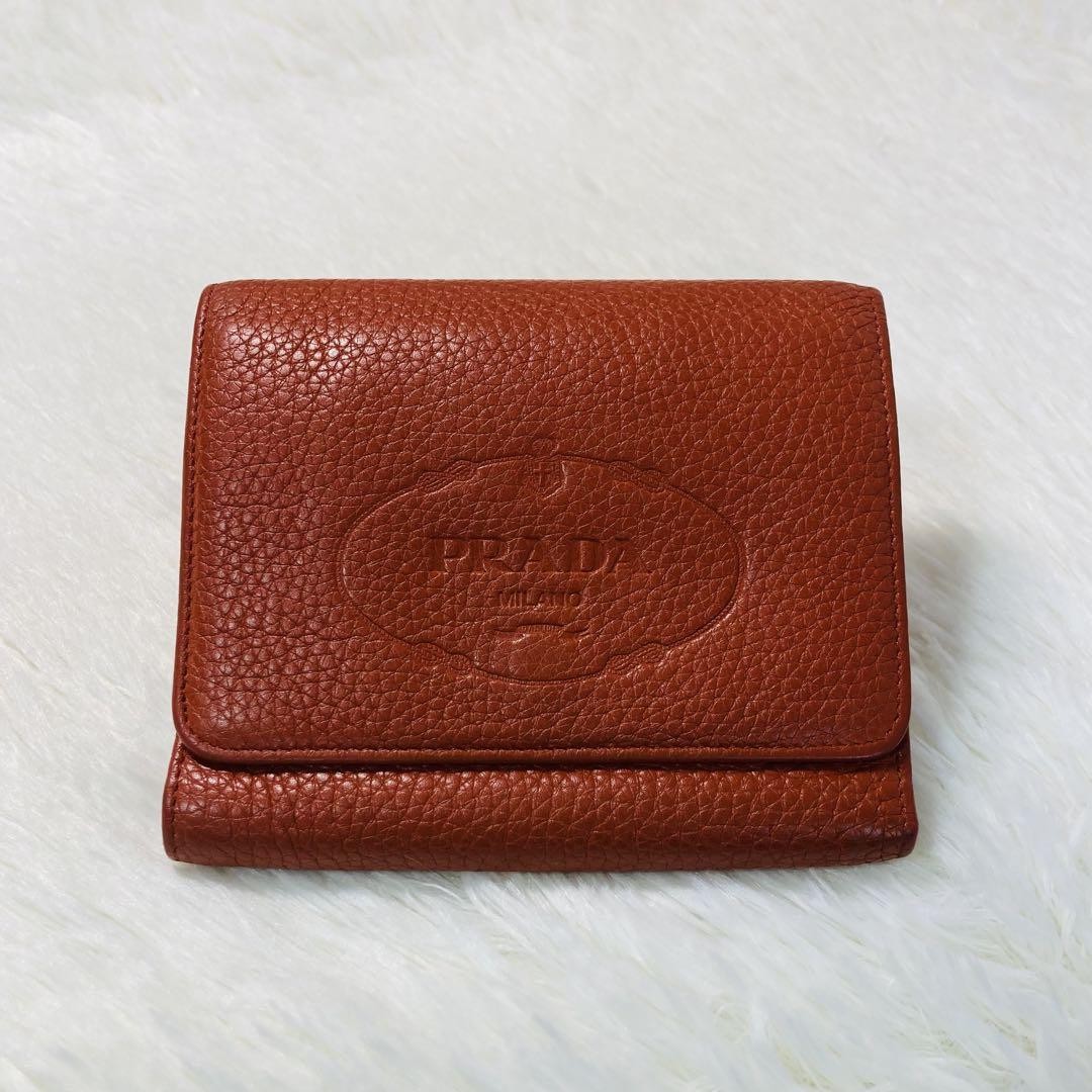 Prada Rare Orange Leather Tri-Fold Wallet Mens Card Holder Authentic