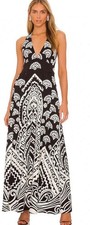 Nili Lotan Black White Geometric Silk Halter V-Neck Maxi Dress size 2