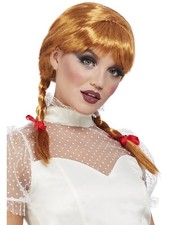 Auburn Porcelain Doll Wig with Plaits and Ribbons Costume Accessory