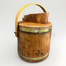 Antique Colonial Pine Shoe Shine Wood Barrel Bucket Round Brass w/ Lid