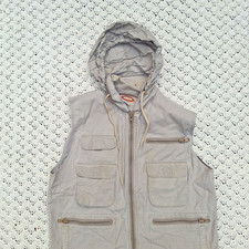 Vtg Banana Republic Mens Safari Cargo Vest Full Zip Canvas Hooded Tan - Large