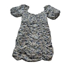 Mable Mini Dress Womens Medium Blue Floral Ruched Puff Sleeve Cottagecore Girly