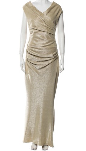 Metallic Gold Floor Length Ruched Cap Sleeve Formal Mother of the Bride Dress