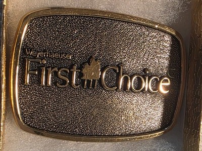 Vintage 1983 Metal Belt Buckle, Brass, Weyerhaeuser, First Choice, Lumber, Nice