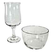 Libbey Etched Winter Trees Wine Glass & Bowl Set Christmas Gold Rim Forest Arbys