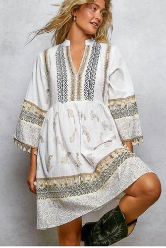 POL Clothing White Embroidered Bohemian Tassel Mini Dress