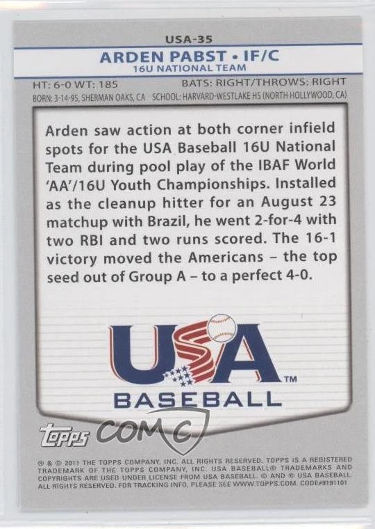 2011 Topps USA Baseball Team Arden Pabst #USA-35 - Image 2 of 2