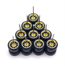 5x Sets Electro Gold 10 Spoke Real Rider Wheels w/ Rubber Tires for 1/64 Scale