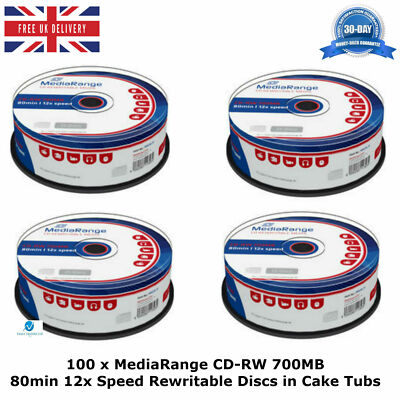 100 x MediaRange CD-RW 700MB 80min 12x Geschwindigkeit Rohlinge wiederbeschreibbar in Kuchendosen
