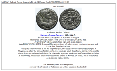 HADRIAN Authentic Ancient Apameia in Phrygia Old Roman Coin RIVER