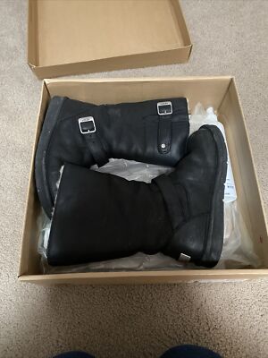 UGG Women's Size 8 Kensington Biker Black Leather Fur Lined Buckle