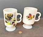 2 Vintage Norman Thelwell Pony & Rider Milk Glass B Handle Pedestal Mugs KNE