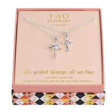 Mother Daughter Cross Necklace Cubic Zirconia Plated Fine Silver FAO Schwarz NEW