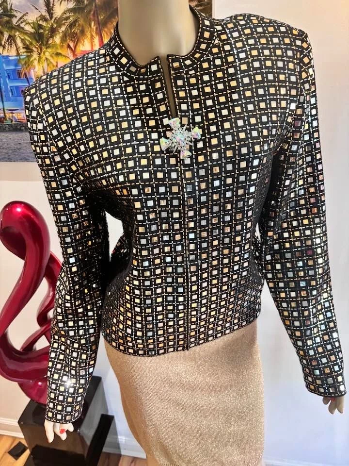 St John 12 L 10 Negro Embellecido Chaqueta de Noche Lentejuelas Cristales Falda Traje Foto 4 de 4