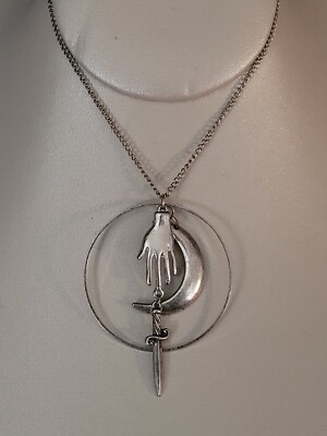 Interesting Silver Tone Circle Pendant Necklace ~ Crescent Moon ~ Hand ~ Dagger