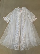 Vanity Fair Sheer White Peignor Robe Small Bridal Pink Trim Vintage Made In USA