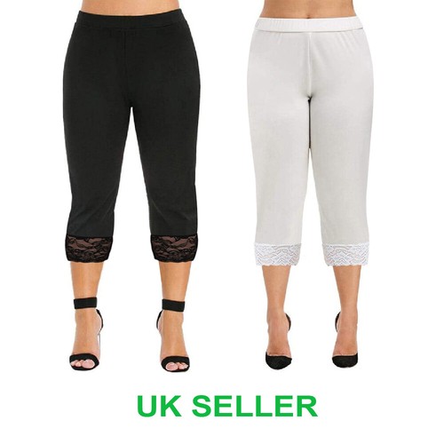 Womens Cropped Leggings Trim Lace 3/4 