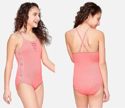 Justice Girls One Piece Swimsuit Ribbed Logo Swimwear Size 10 New With Tag - Image 1 of 4