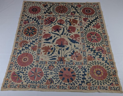 Antique Uzbek Suzani Hand Embroidered Floral Medallion Tapestry 63x58in
