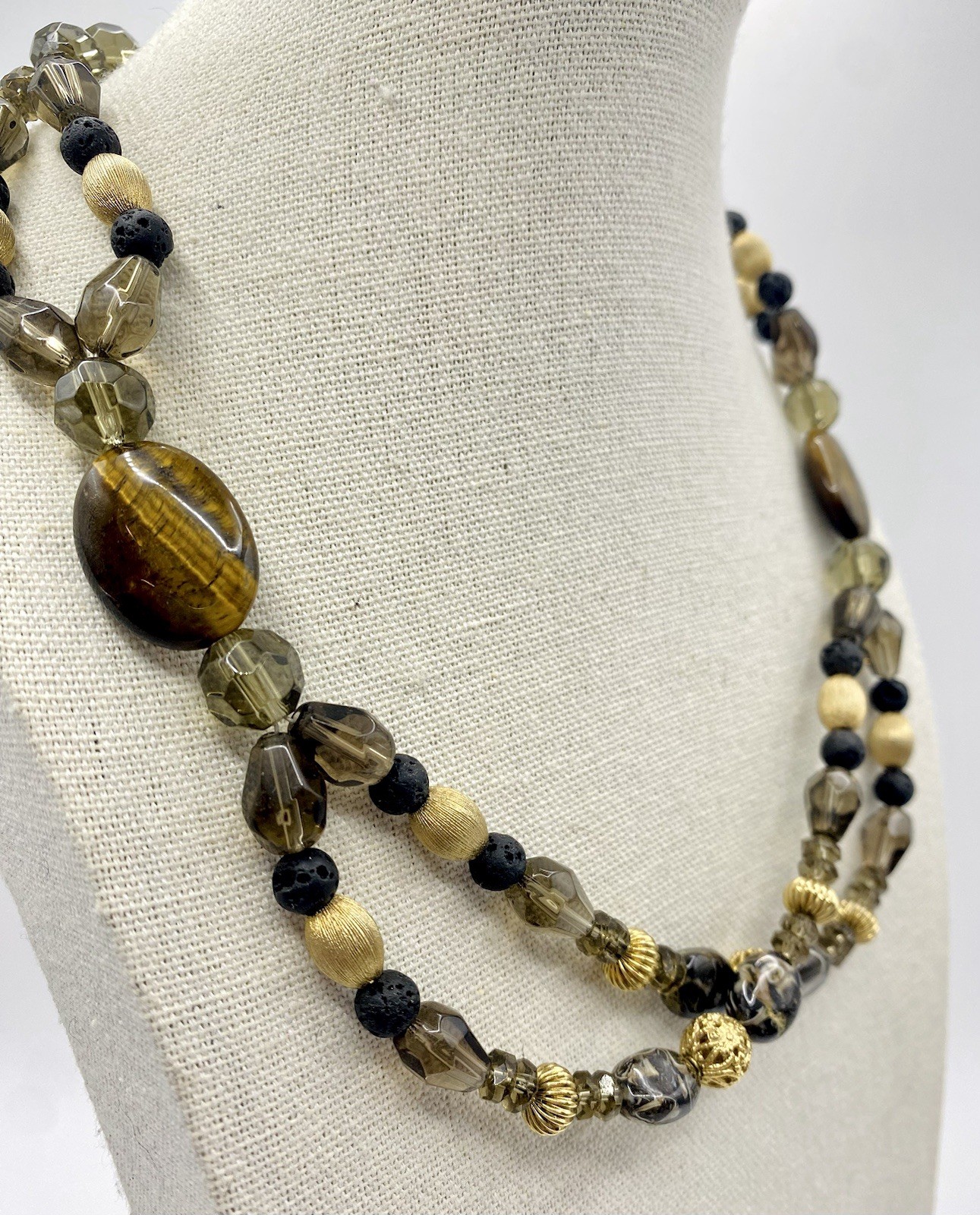 Vintage Tiger Eye Lava Rock Agate Necklace Gold Tone Beads Twisted Double Strand
