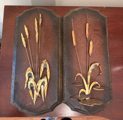 VTG /Mid Century Brutalist Brass/Metal Wheat & Cattails Sculpture Wall Plaques