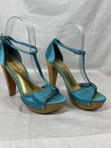 Vintage Y2K türkis BEBE Holz offene Zehenpartie Plateau Heels Größe 6M - Bild 1 von 14