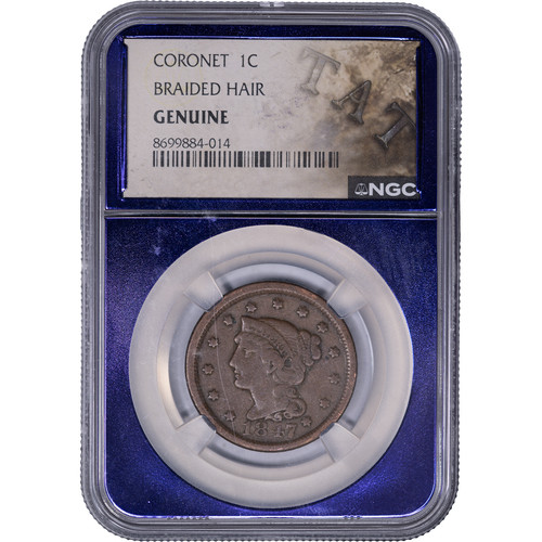 1847 1c Braided Hair Large Cent ~ NGC Genuine - Purple Core