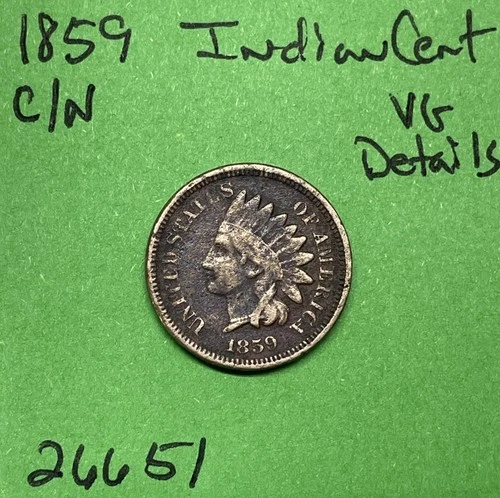 1859 Copper Nickel Indian Head Penny / Cent 1c Very Good Details US Type Coin