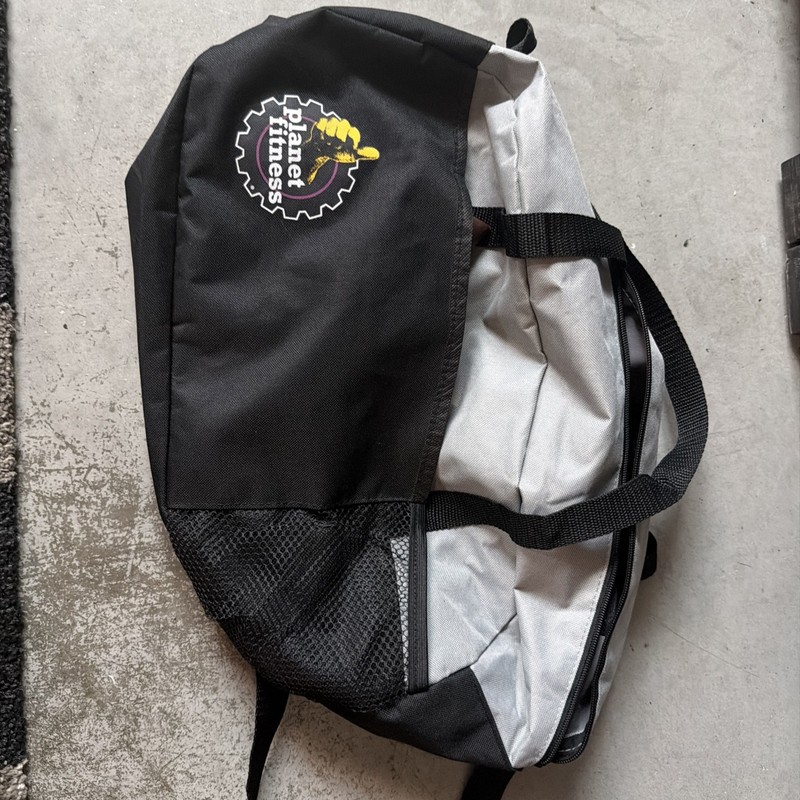 Planet Fitness Zippered Duffel Gym Tote Bag Gray and Black with Shoulder Strap